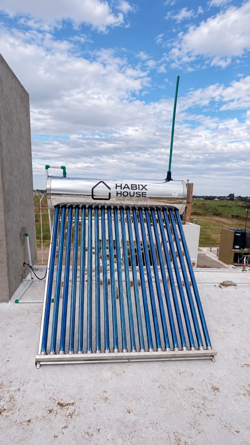 Vista completa del termotanque solar con tubos instalado sobre una cubierta y logotipo HABIX House
