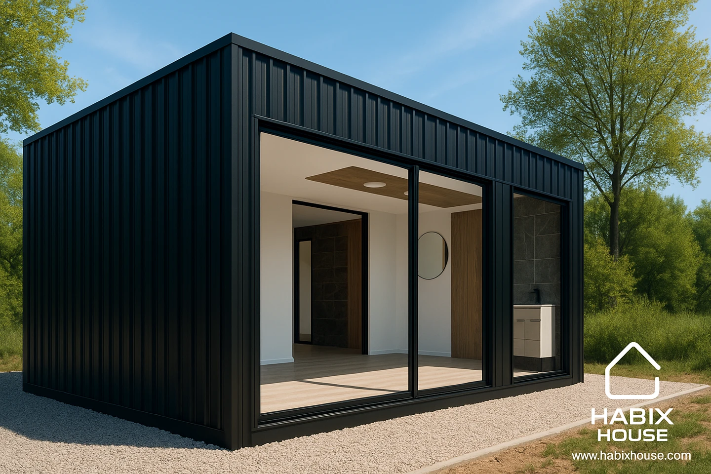 Módulo habitacional con revestimiento oscuro y ventanales, imagen proporcionada con identidad HABIX House