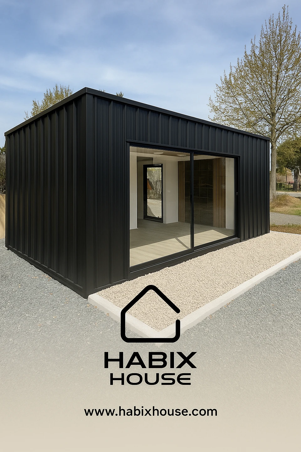 Módulo con revestimiento exterior oscuro y abertura vidriada, imagen proporcionada con identidad HABIX House