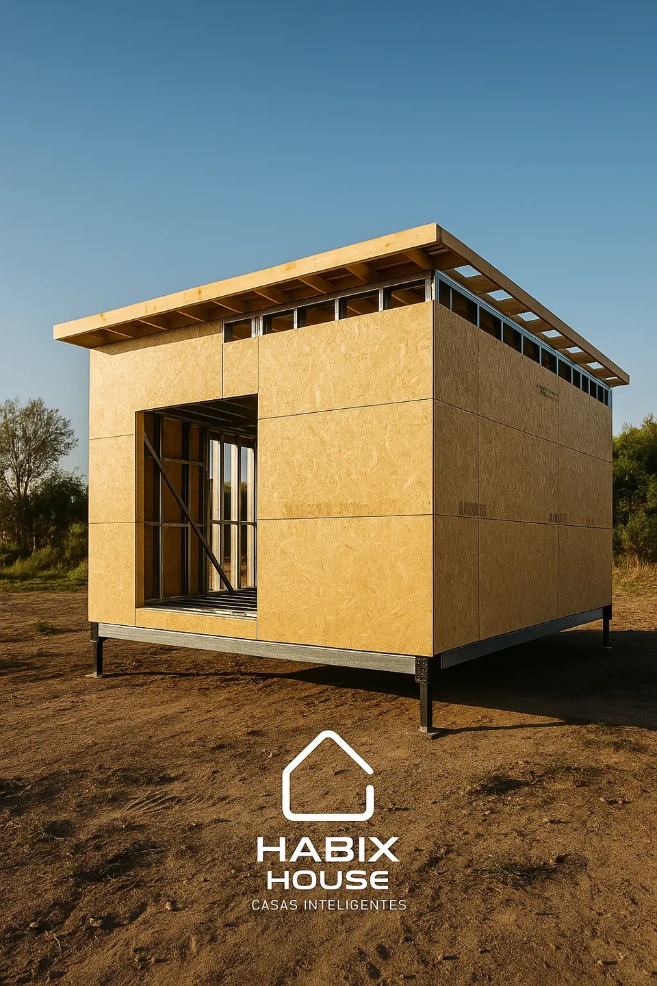 Módulo industrializado en etapa de cerramiento con paneles y estructura visible, imagen proporcionada con identidad HABIX House