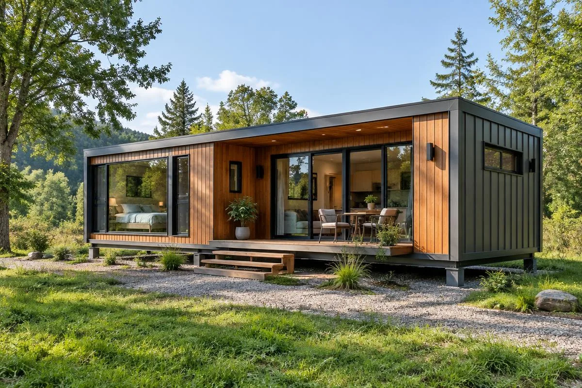 Vivienda modular con madera y paneles metálicos en un jardín — imagen ilustrativa