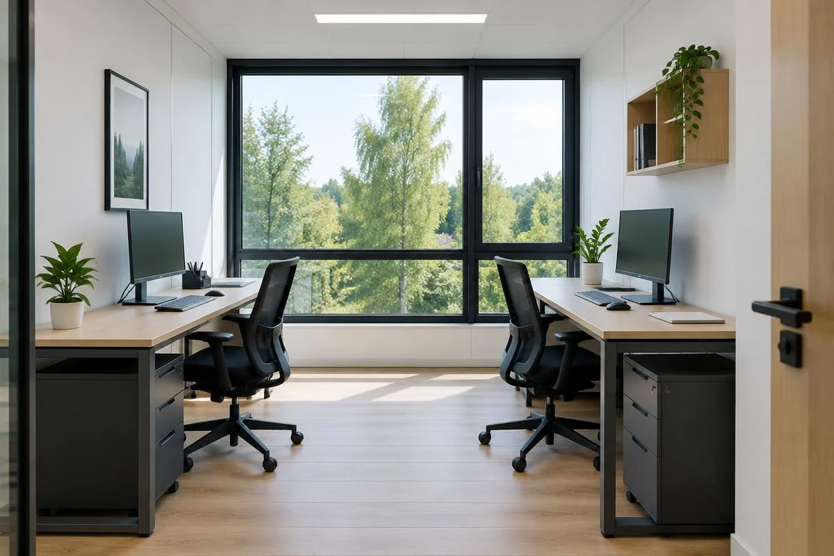 Interior de oficina modular con dos puestos de trabajo y luz natural — imagen ilustrativa