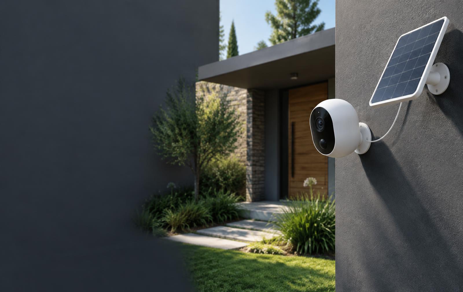 Cámara Wi-Fi con panel solar instalada en el exterior de una vivienda moderna