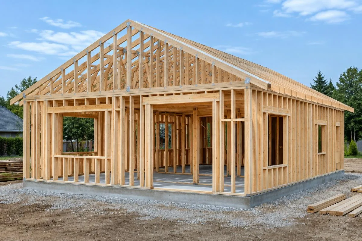 Entramado residencial de madera y cerchas en proceso de montaje — imagen ilustrativa
